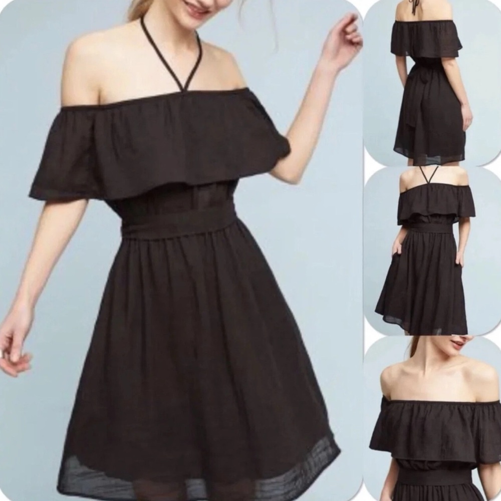 NWT 11.1 Tylho Anthropologie Kinsey Black Off Shoulder Halter Dress | Sz M‎